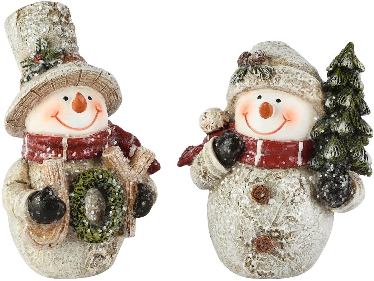 Dekoratief | Sneeuwman m/boompje, bruin/rood, resina, 9x7x10cm, set van 2 stuks | A265446