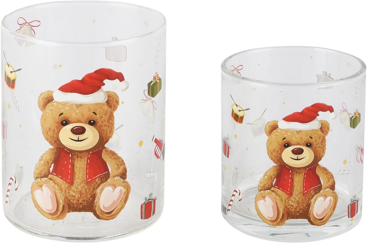 Dekoratief | Set 2 theelichthouders 'Merry Teddy', glas, 7x7x8cm | A265258