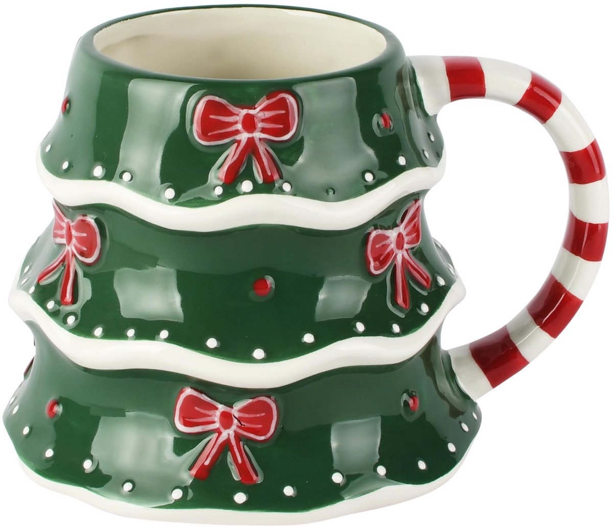 Dekoratief | Mok kerstboom m/strikjes, groen/rood, keramiek, 17x13x11cm | A265102