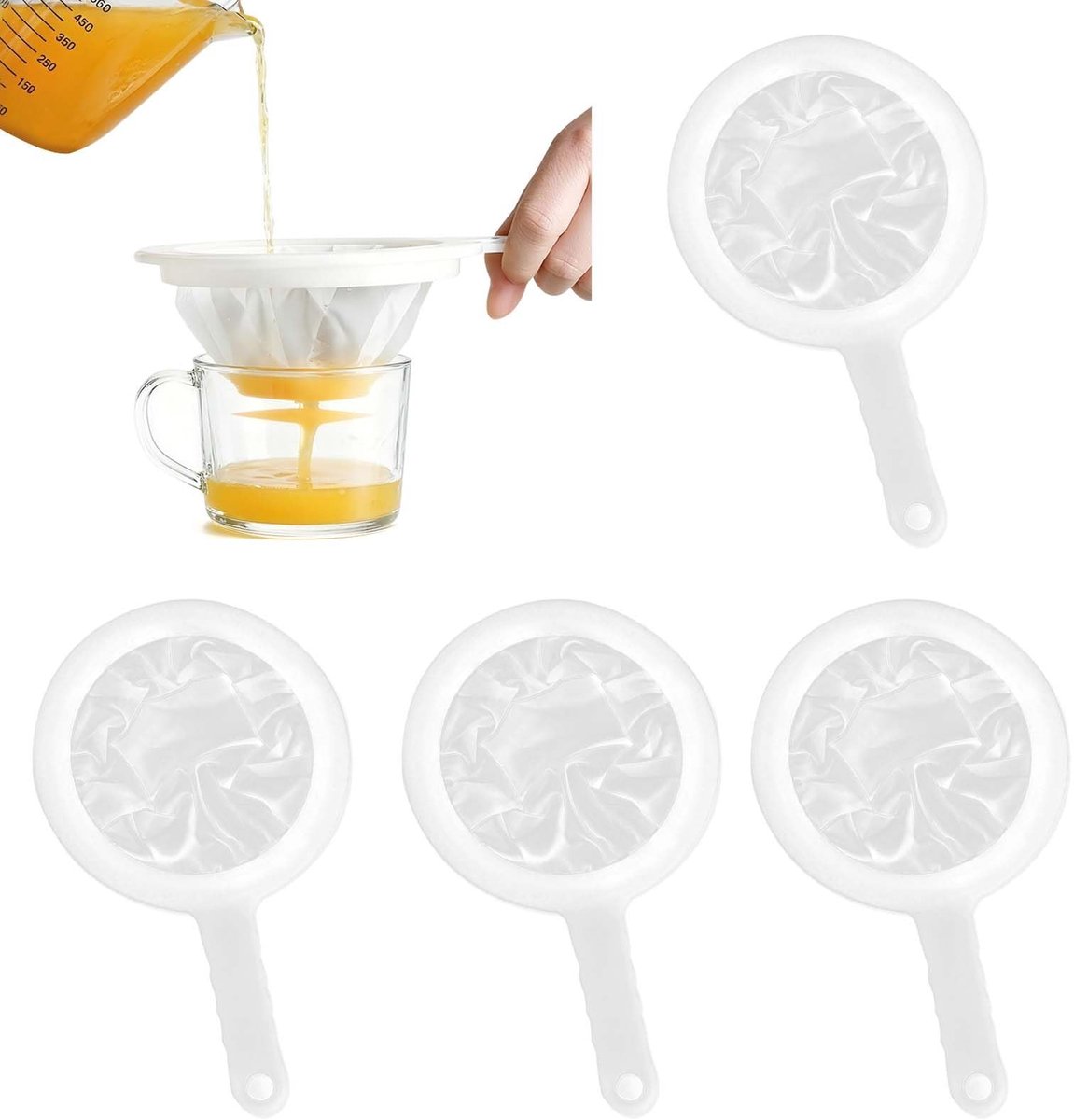 MTTproducts- Keukenfilter Set van 4 - Fijnmazig 100/200/300/400 Mesh - Hittebestendig - Herbruikbaar - Handgreep voor Ophangen - Ideaal voor Sojamelk/Sappen/Koffie/Wijn - Zeef