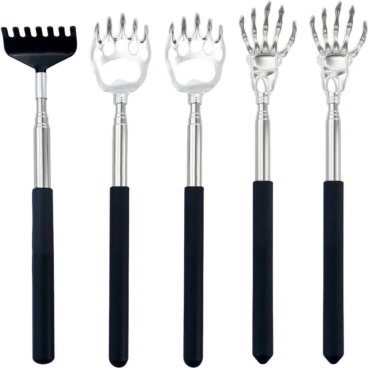 MTTproducts- Rugkrabber Set van 5 - Uittrekbare Rugkrabber - Telescopische Krabhand - Zwart/Zilver - Metalen/Rubberen Materiaal - 20,5 x 12 x 2 cm