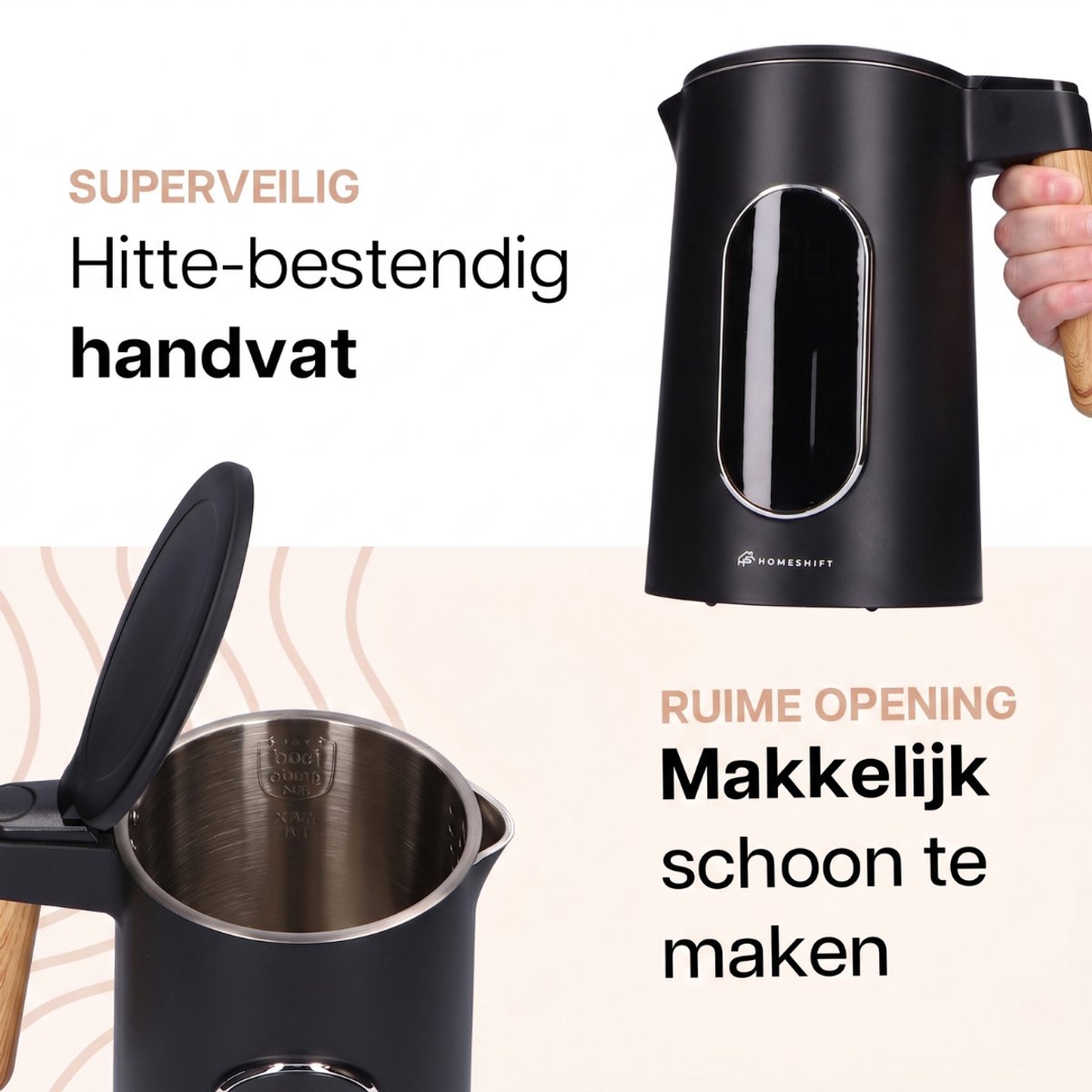 HomeShift® Waterkoker met Temperatuurregeling - Warmhoudfunctie - Dubbelwandig - Elektrisch - 1,7 Liter - 2200W - Zwart / Hout thumbnail 7