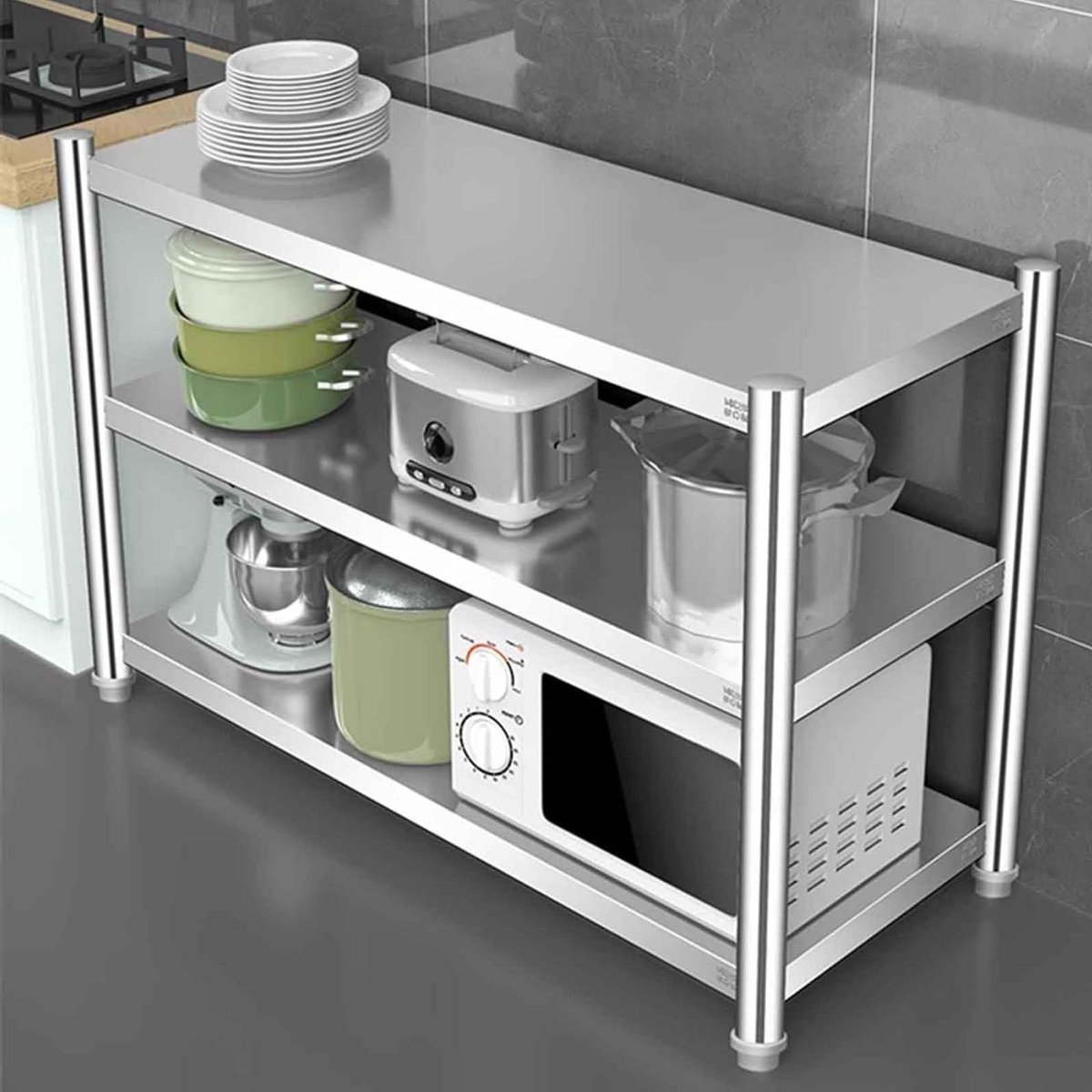 Opbergrek Zwaar Gebruik - Keukenrek RVS - Keuken Organiseren - Verstelbare Hoogte - 60x40x80 cm - Zilverkleurig