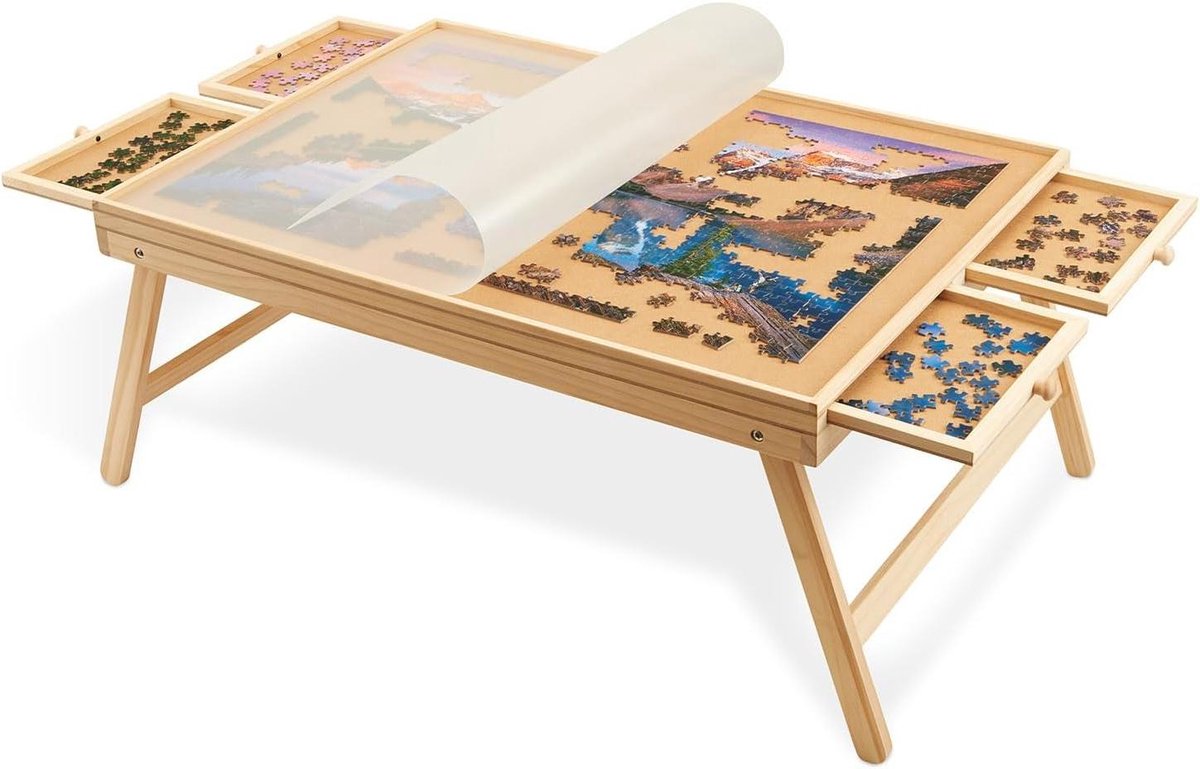 Puzzeltafel met laden - Puzzelbord met poten - Puzzels maken - Opvouwbare poten deksel - 1000 stukjes - Houtkleur