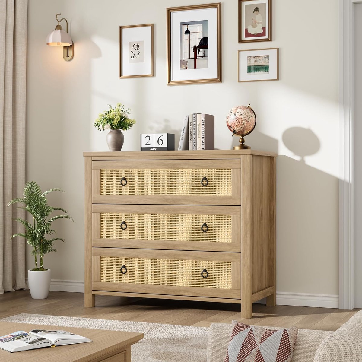 Ladekast met Rotan - Commode met 3 Grote Lades - Boho & Modern Dressoir - 80 cm Breed - Opbergkast voor Slaapkamer, Woonkamer of Gang - Eiken Kleur