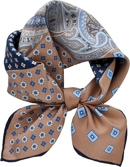 Geknoopte zijden sjaal met paisley, bloemen- en ruitpatronen in bruin, navy en blauw.
