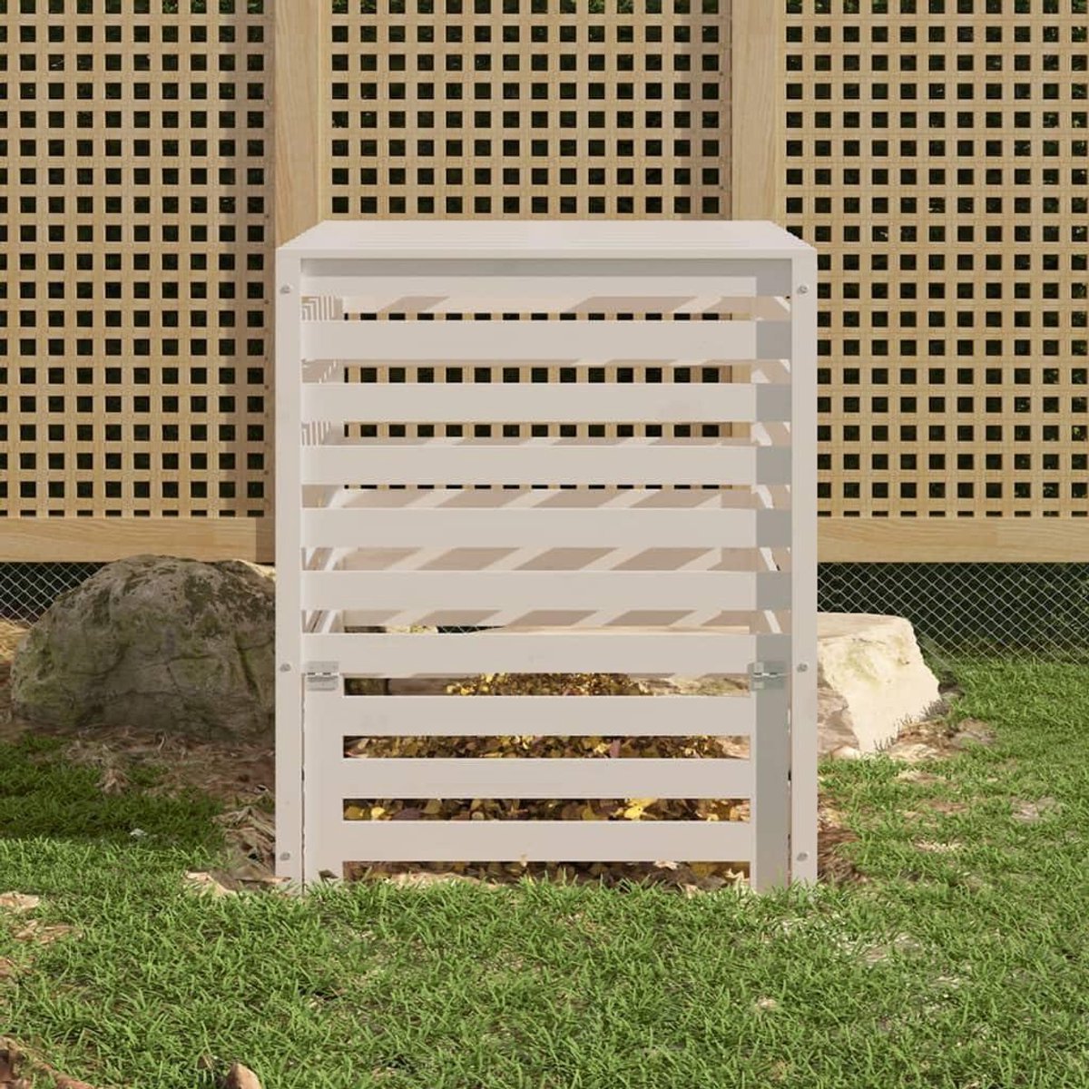 Compostbak - Afvalbak Tuin - Composteren Afval - Massief Grenenhout - 82x82x99 cm - Wit