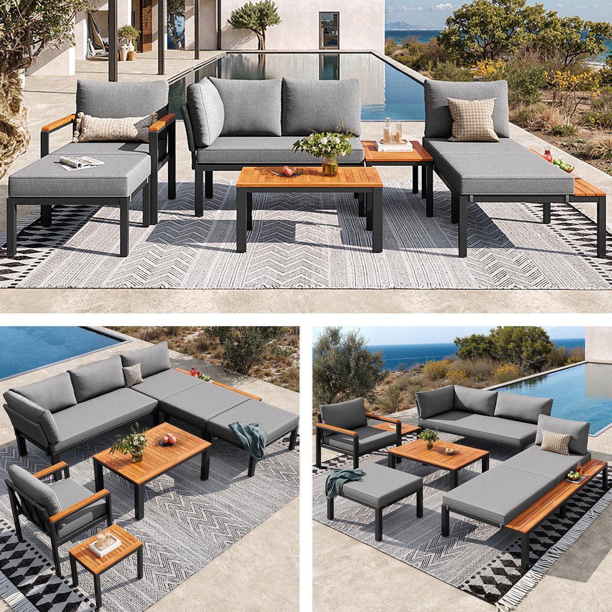 Zubaliya Modulair Tuinmeubelset - Grijs - Vrij Combineerbaar - Metalen Frame - Houten Tafels
