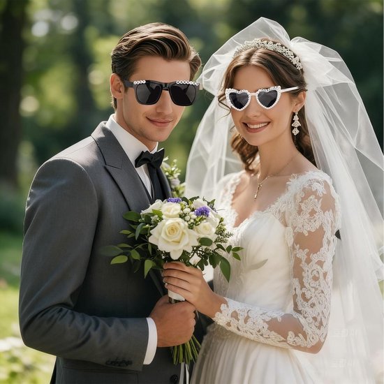 KZQ Twee Stuks Bruiloft Zonnebrillen Voor Bruid En Bruidegom Witte Hartvorm Zonnebrillen Feest Decoratie Accessoires Voor Nieuw Getrouwden En Trouwpartijen van kzq — afbeelding 2