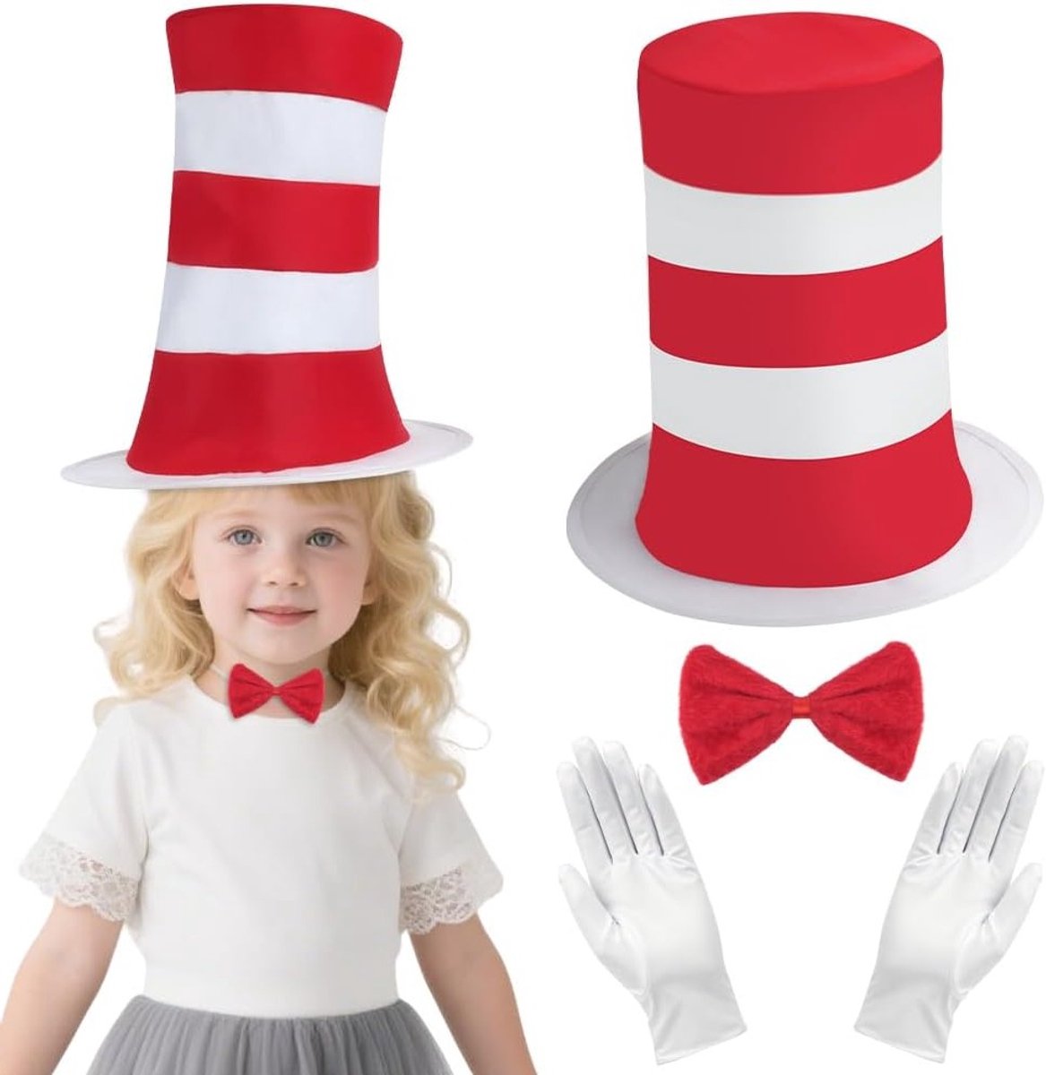 Leuke Kinderen Kat Kostuum Set met Gestreepte Rode Hoed, Strik, Witte Handschoenen en Katstaart voor Feestjes en Verkleedpartijen