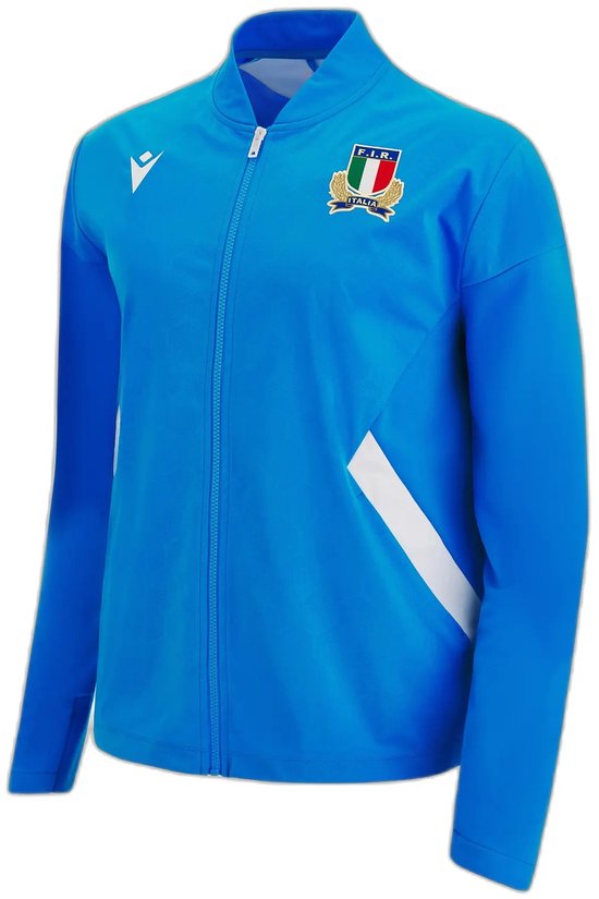 Blauw sportjack met rits, Italiaans wapenschild op de borst en witte band op de zij.