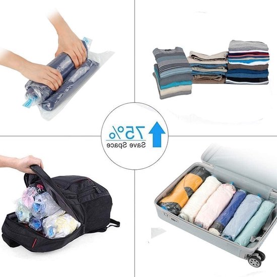 Set van 10 reiscompressiezakken, 2 maten voor kleding, dekens en handdoeken, eenvoudig op te rollen zonder stofzuiger — afbeelding 3