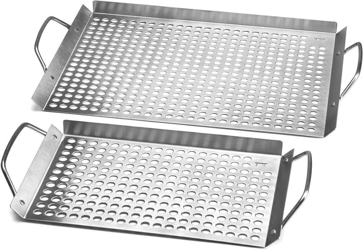 Grillrooster Set - Barbecue Plaat - Koken Buiten - Perforatie Ontwerp - 2 Maten - Zilverkleurig
