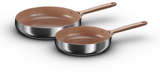 BergHOFF Home Belly Koekenpannen Set Ø 24 + 28 cm – Duurzame RVS Braadpan – PFAS-Vrije Bakpan met CeraGreen Keramische Antiaanbaklaag – Geschikt voor Inductie & Oven tot 230 °C – Warm Blush