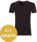 Zwart t-shirt met V-hals, met gele cirkel '2+1 GRATIS'.