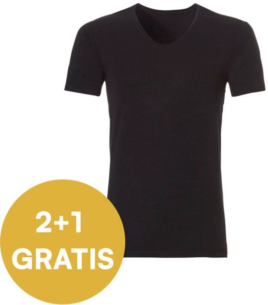 Zwart t-shirt met V-hals, met gele cirkel '2+1 GRATIS'.