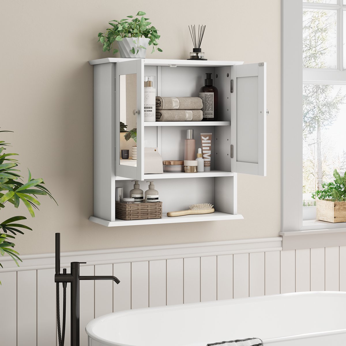 HAUSS SPOLE Badkamerkast - Wandkast Met Spiegel En Verstelbare Plank - Voor Badkamer En Keuken - MDF En Glas - 54,6x19,8x60 Cm - Wit