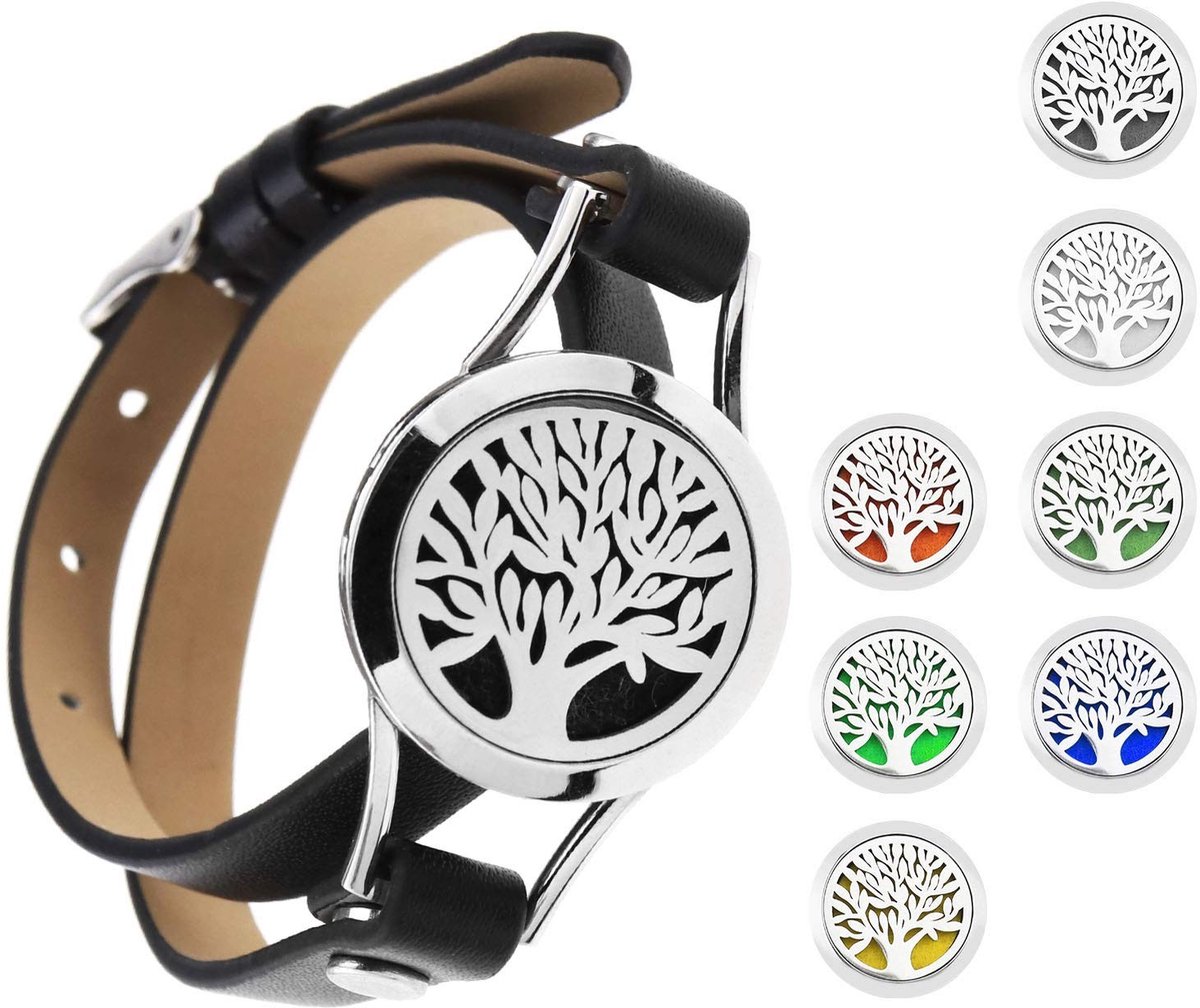 Solidchoice - Dailygoody - Aromatherapie Medallion - Essentiële Olie Armbanden - 2 Laags en Verstelbaar - Zwart - Met 8 Vervangpads - Modern en Stijlvol