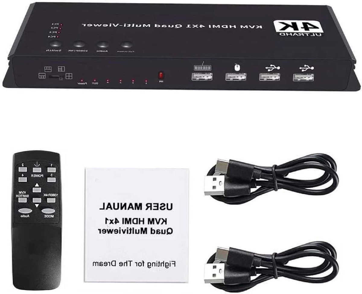 HDMI KVM Switcher - Multi-viewer Controller - Meerdere Beeldschermen - 4x1 Quad Weergave - 4K 30Hz - Zwart
