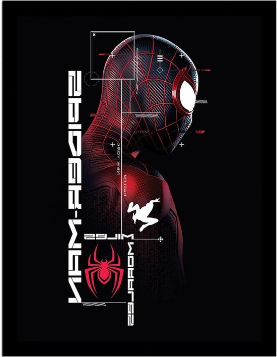 Affiche de Miles Morales en costume Spider-Man avec motifs de toile rouges, lignes abstraites et logo araignée sur fond noir.