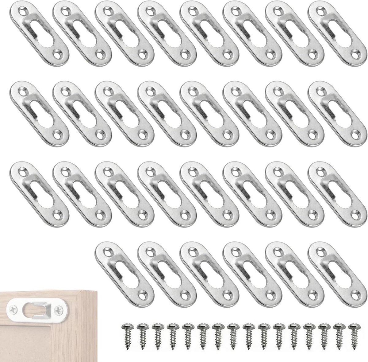 Onzichtbare framebevestiging, 30 stuks, metalen slotgathangers met schroeven voor hangmeubels, ideaal voor het ophangen van spiegels, kasten en wanddecoratie, 42 mm x 15 mm