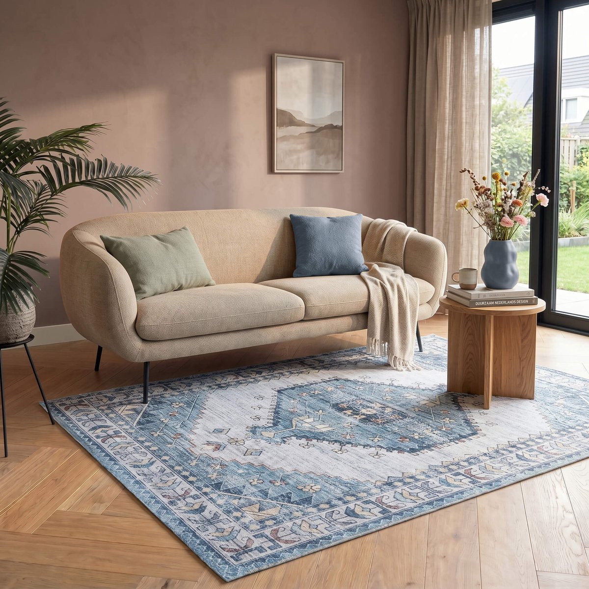 flycarpets Burano Vintage Vloerkleed - Blauw - Laagpolig Tapijt Woonkamer - 160x230 cm