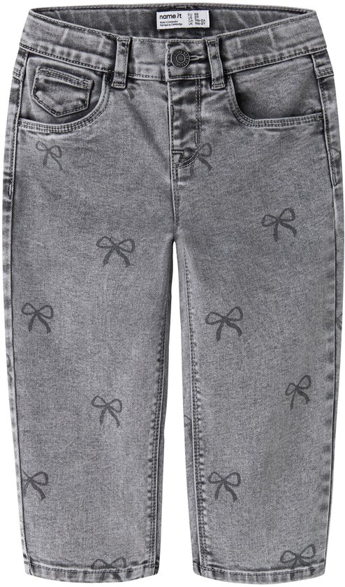 Grijze jeans met all-over strikjesprint.