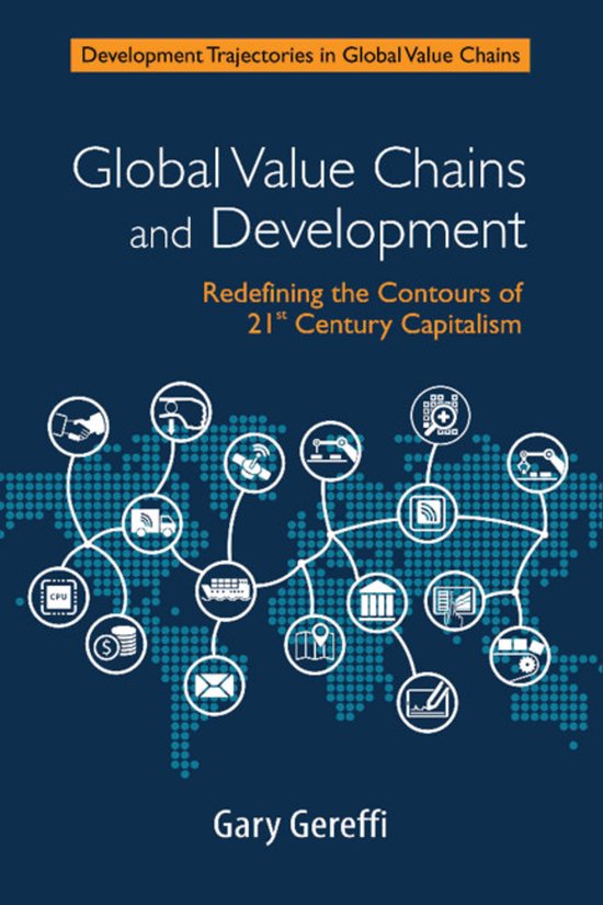 Boekomslag 'Global Value Chains and Development' door Gary Gereffi, met een wereldkaart en iconen van toeleveringsketens.