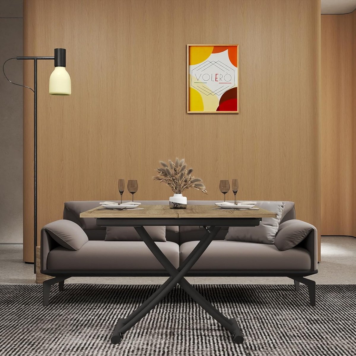 3-in-1 Salontafel met Liftfunctie & Uitschuifbaar Blad – 100 x 45/90 x 18-75 cm – Verstelbare Hoogte – Omvormbaar tot Eettafel voor 4 Personen – Modern Hout & Staal Design – Ruimtebesparend – Eikenlook – Faisal