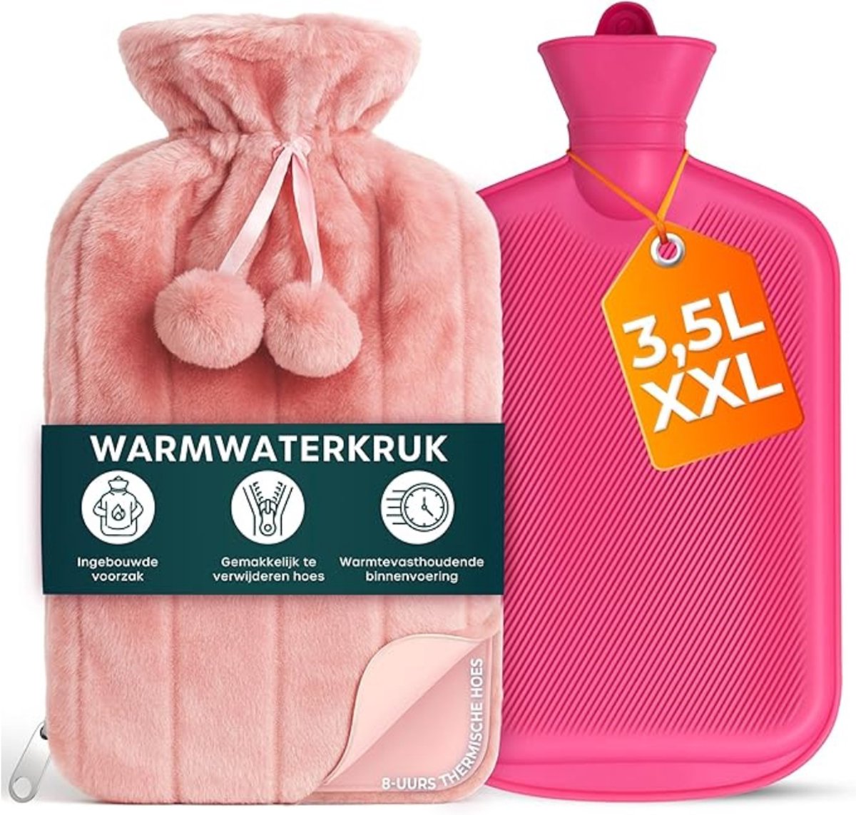 Verte Kruikzak - Grote Warmwaterkruik met Hoes van Imitatiebont – Zachte Warmwaterkruik voor Pijnverlichting en Warm/Koud Kompres – 3,5 L – Roze