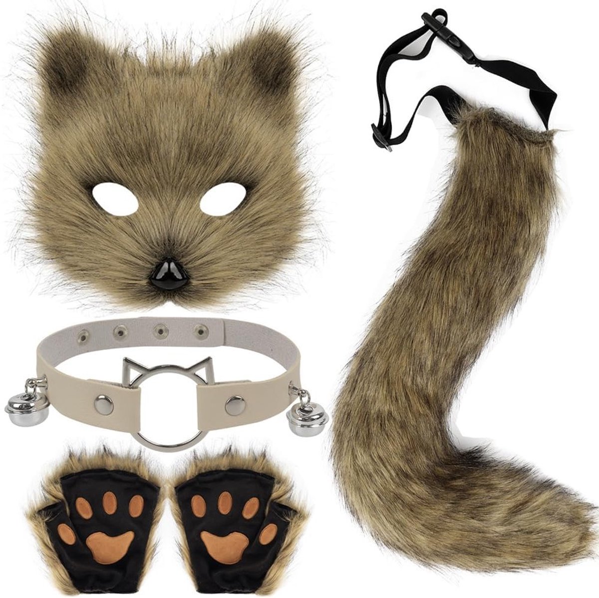 Faux Fur Fox Mask met Furry Tail en Handschoenen voor Halloween en Cosplay Accessoires
