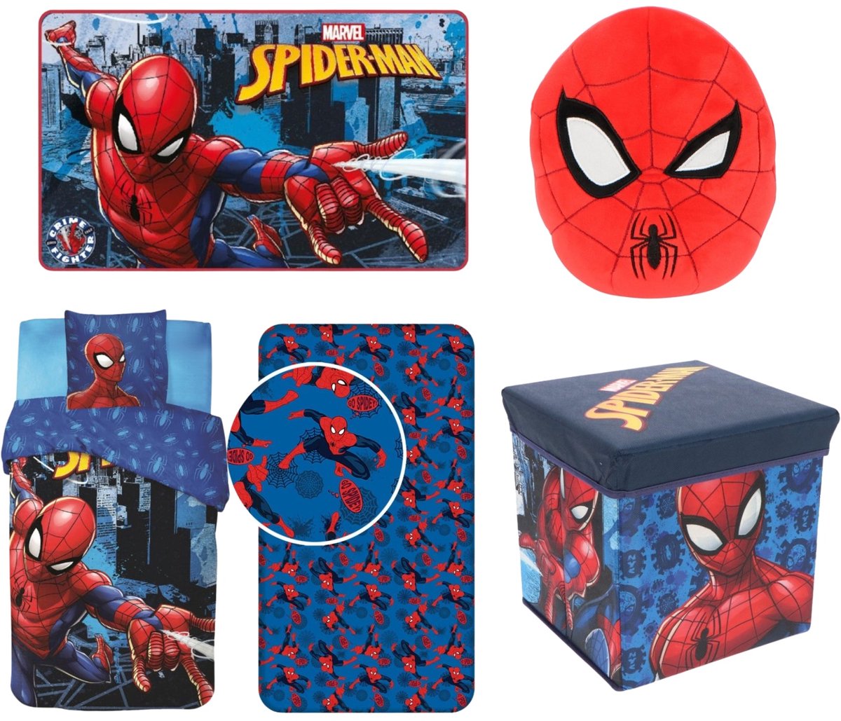 Spiderman slaapkamerset; opbergbox/stoel, vloerkleed, Squishy 32 cm , dekbedovertrek en hoeslaken