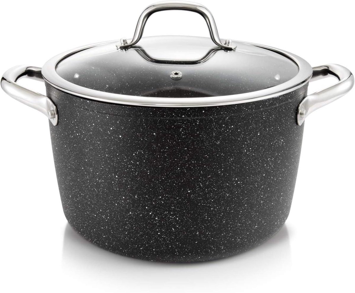 Kookpan met Deksel - Steelpan Pan - Koken van Ingrediënten - Natuursteen Look Coating - 24 cm - Zwart