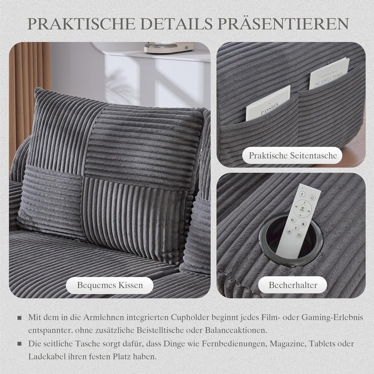 2-Zits Bank Corduroy – Arqam Luxe Modulaire Ribfluweel Sofa met Bekerhouder & Opbergtas, Comfortabele Design Loveseat 200 cm – Donkergrijs