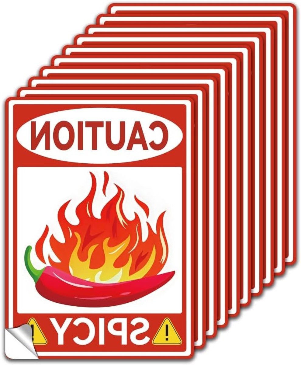 10 Stuks Spicy Waarschuwingslabel Stickers, Waterdichte PVC Chili Caution Stickers voor Voedsel, Zelfklevende Vinyl Stickers voor Keuken en Kookgerei