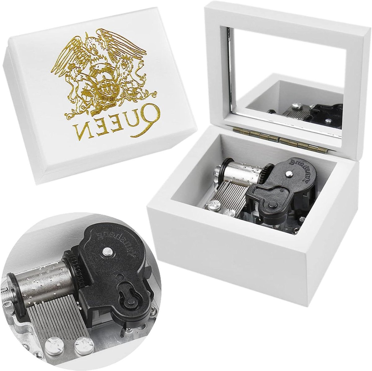 Houten Muziekdoos - Muziekdoosje Spiegel - Cadeau Geven - Queen Melodie - 7.6 x 6.6 x 4.8 cm - Wit