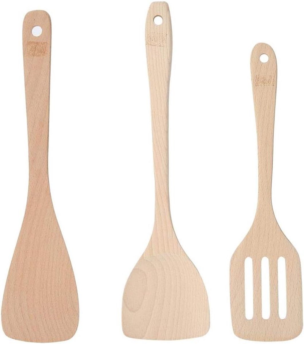 Houten Spatel Set - Keukengerei Hout - Gezond Koken - Non-stick Coating - 3 Stuks - Houtkleur