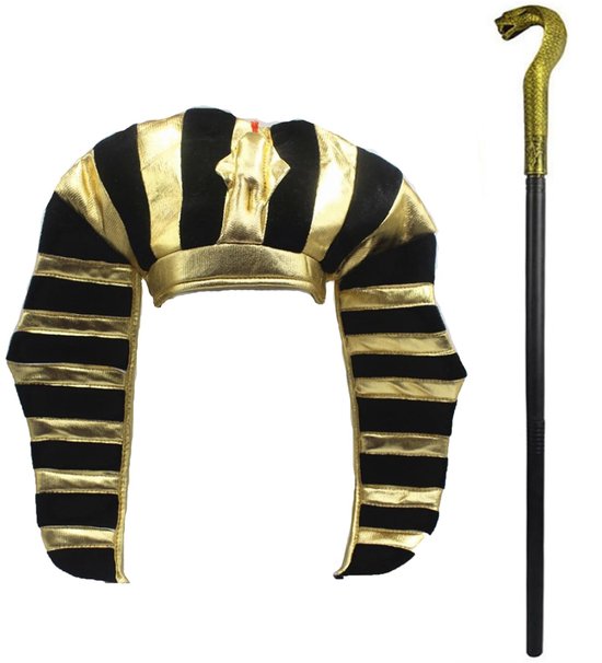 Allecto - Farao Hoofddeksel - Halloween Accessoire - Goud en Zwart - Farao Scepter - Perfect voor Cosplay - Inclusief Hoed en Scepter