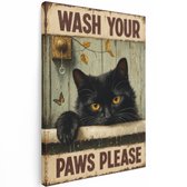 Artaza Canvas Schilderij Zwarte Kat - Vintage Tekstposter - Wash Your Paws Please - 90x120 cm - Groot - Wanddecoratie Woonkamer - Schilderijen - Muurdecoratie