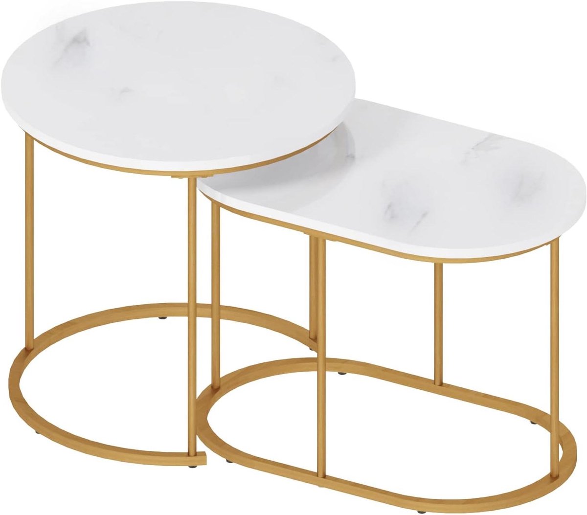 Set bijzettafels - Nesttafels Stapeltafels - Woonkamer inrichten - Marmerlook met gouden poten - 50 & 60 cm diameter - Wit