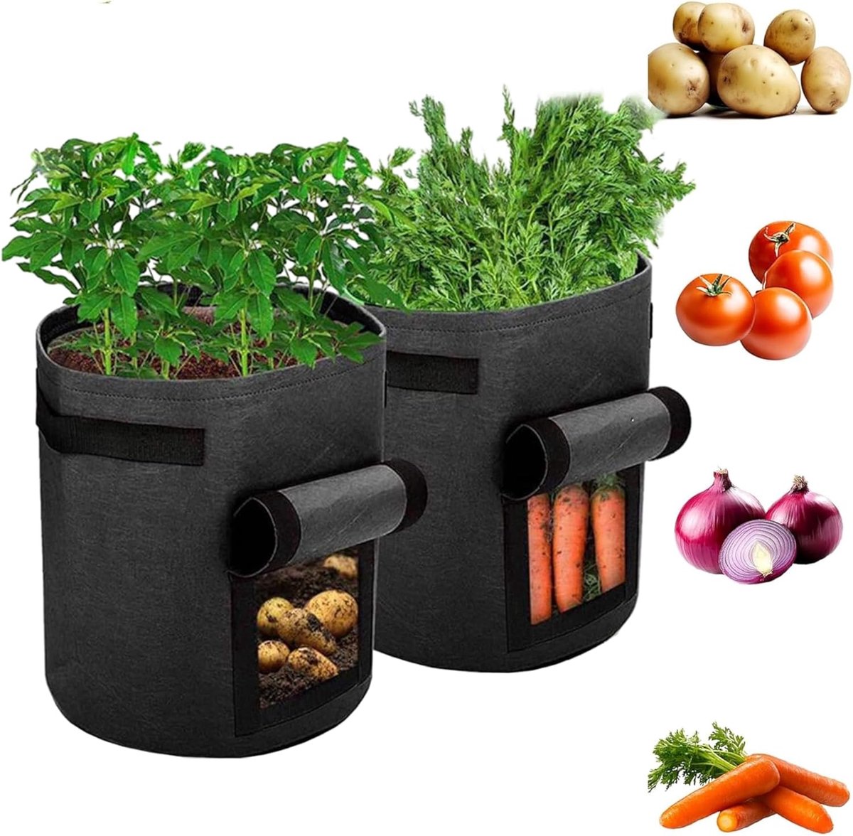 Aardappelkweekzakken (2 stuks) – Aardappelkweekzakken met oogstvenster en handvatten, herbruikbare kweekzakken voor groenten, zwarte aardappelplantenbakken voor buiten (10 gallon)