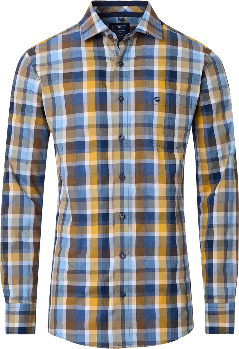 Redmond comfort fit overhemd - dobby - bruin met geel - wit en blauw geruit - Strijkvriendelijk - Boordmaat: 37 - 38