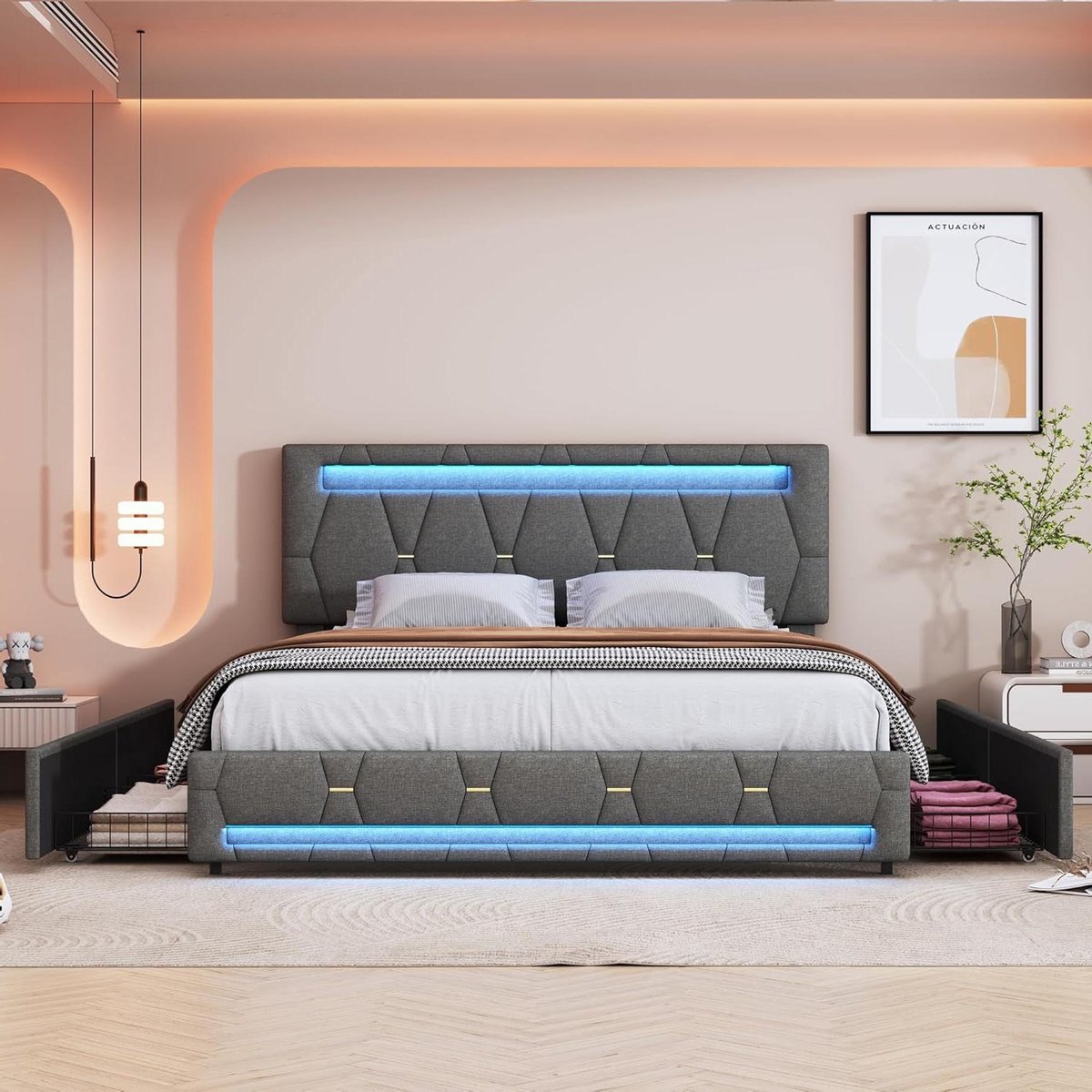 Led Bed - Tweepersoonsbed Opbergbed - Slaapkamer Inrichten - Met Laden en USB - 140 x 200 cm - Grijs