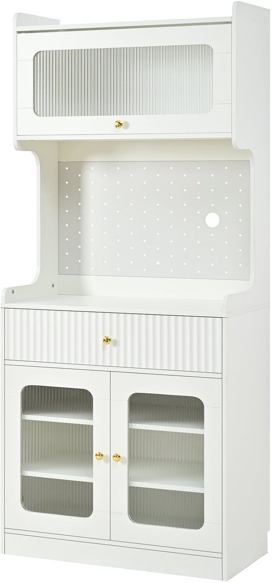 Merax Hoge Kast Wit - Opbergkast 180 cm - Keukenkast met Lade en Glasdeur - Kast met Verlichting - Woonkamer en Eetkamer Kast