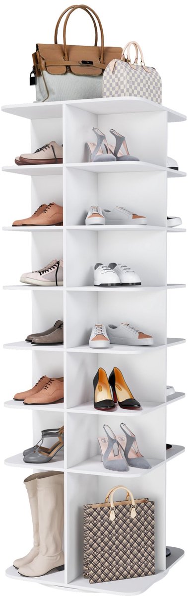 Merax Draaibaar Schoenenrek 7 Niveaus - Rond Schoenenrek 360 Graden - Schoenentoren Vrijstaand voor 28 Paar Schoenen - Wit