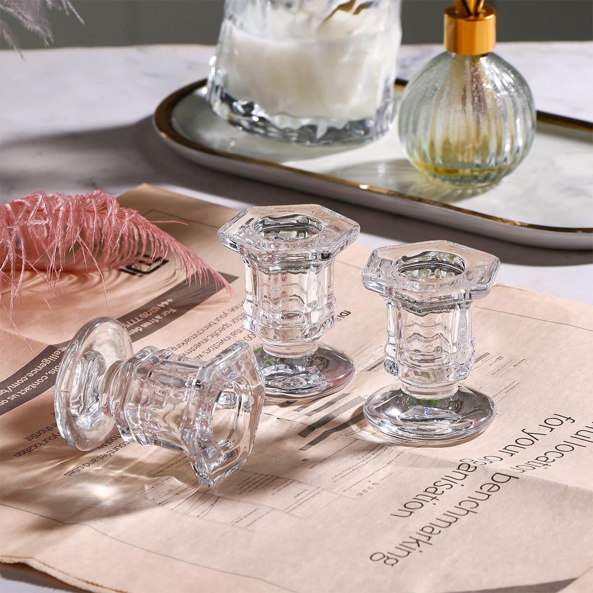Allecto - Set van 4 Teelicht Houder - Transparant Glas met Elegante Hexagon Design