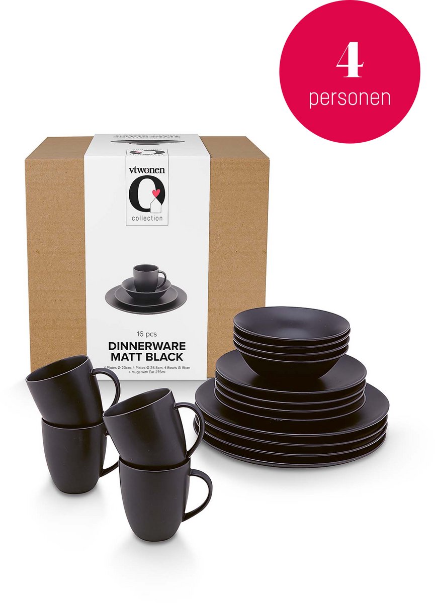 Bol.com vtwonen - Serviesset - Porselein - Mat Zwart - 16-delig - 4 Personen aanbieding