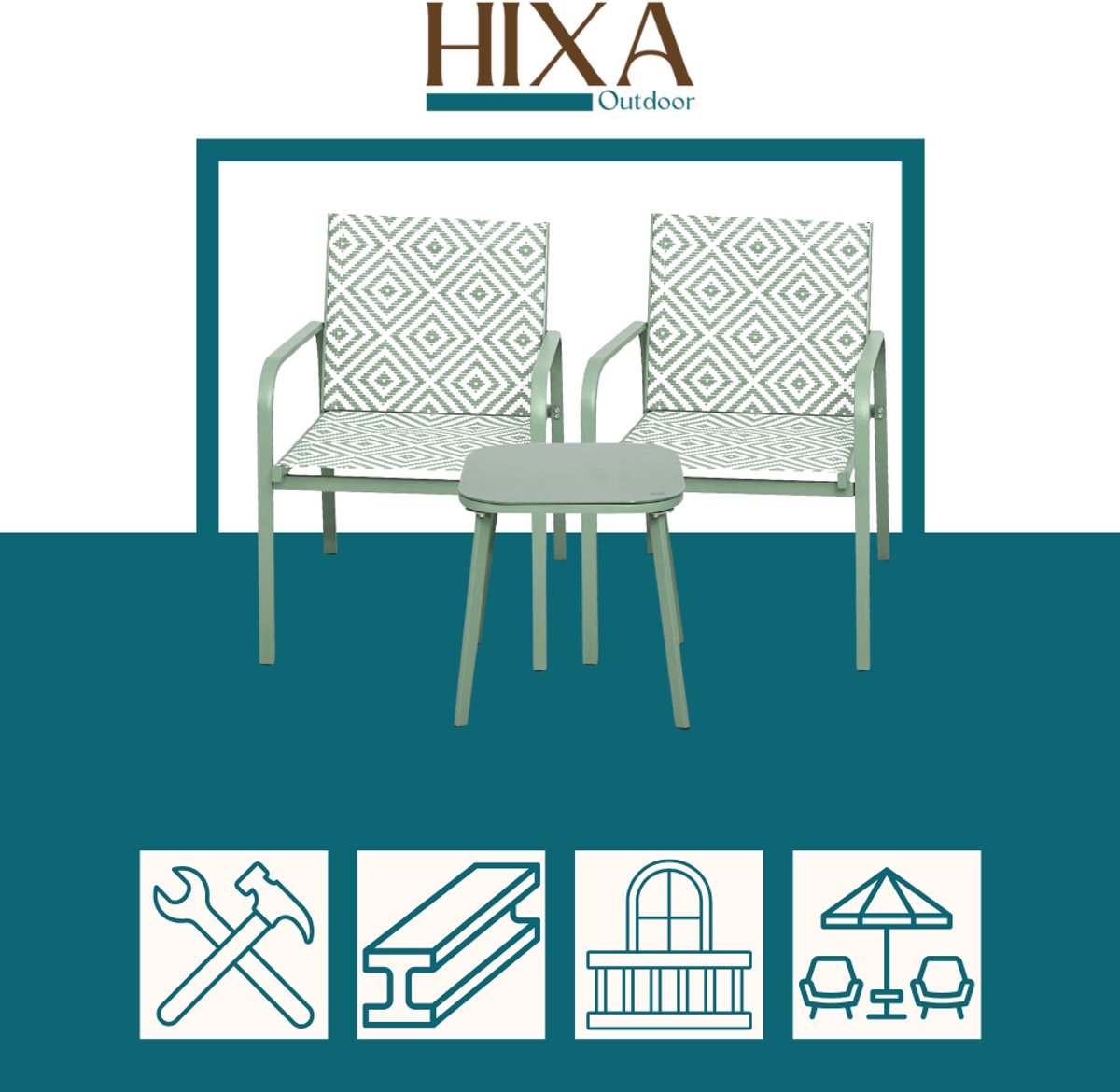HIXA Tuinset - 3-delig - Mintgroen - Bistroset - Tuintafel - met Stoelen - 2 Personen - Balkonset - 2 Persoons - Loungeset - Table de Jardin - LIVARA – foto 5
