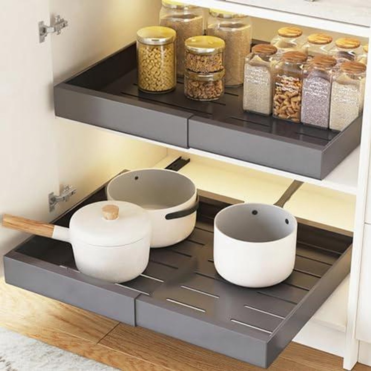 Telescopische uittrekbare lade, verstelbaar 31,5 tot 52 cm breed, 42 cm diep, 7,5 cm hoog, grijs