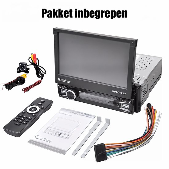 Pakket inbegrepen: autoradio met scherm, achteruitrijcamera, afstandsbediening, handleiding en kabels.